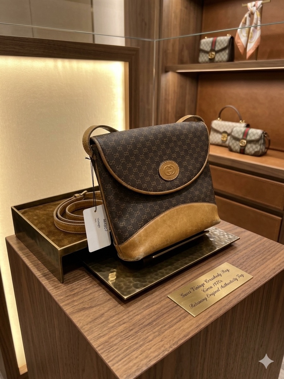 Vintage Gucci Brown Leather-Trim Crossbody Bag